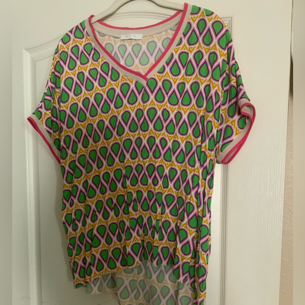 Colorful Patterned Top with Pink Trim